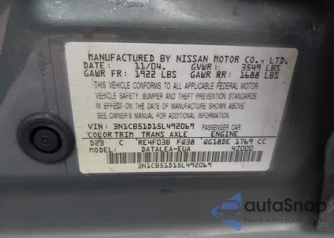2005 Nissan Sentra 1.8S z USA, uszkodzony, nr VIN 3N1CB51D15L492069